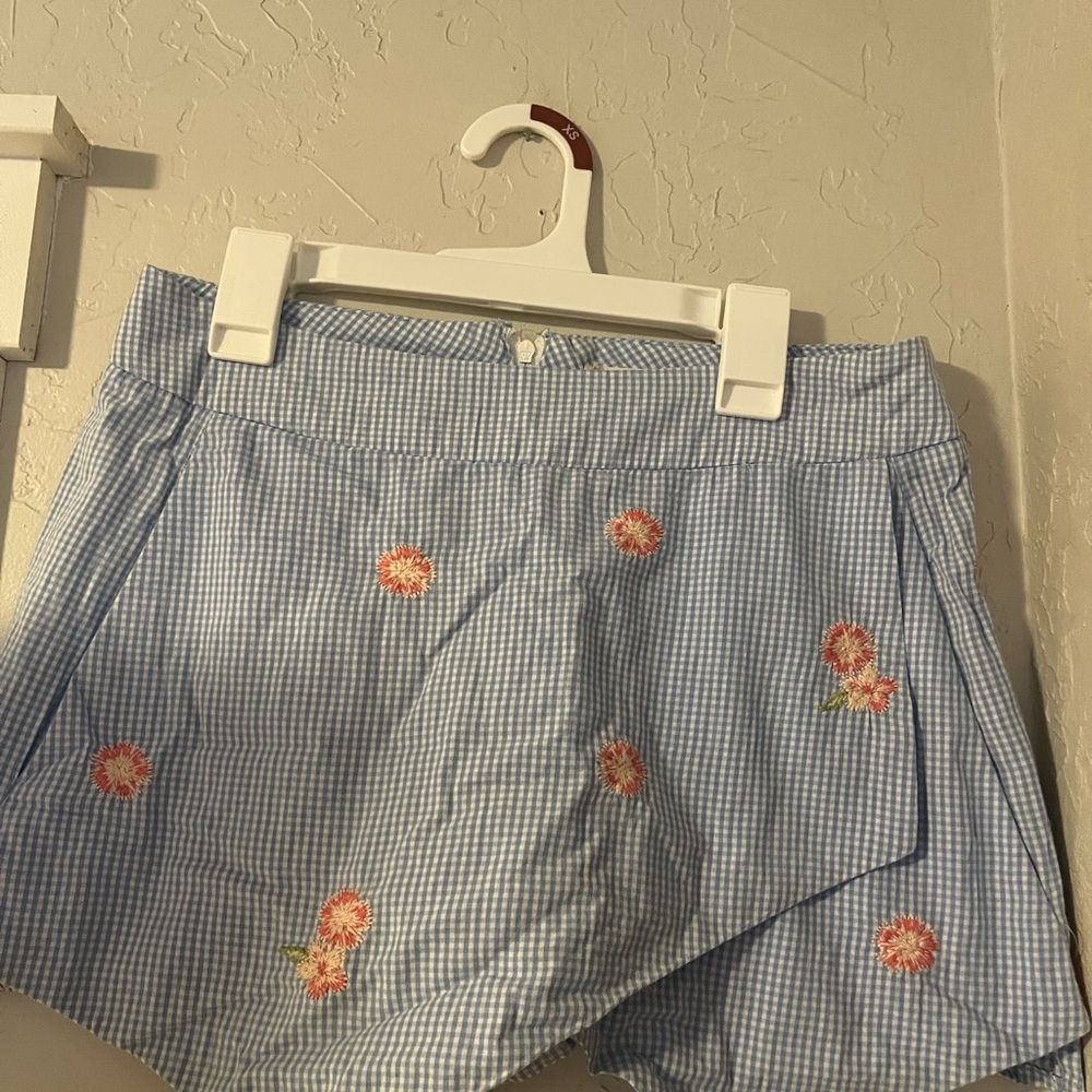 Altar'd State Blue Gingham Skort with Floral Embroidery